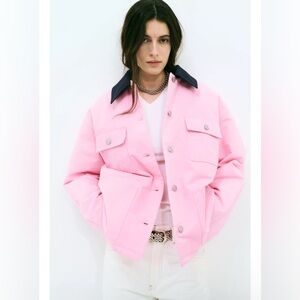 ZARA PINK COTTON w CONTRAST COLLAR CHORE BARN JACKET M/L NWT